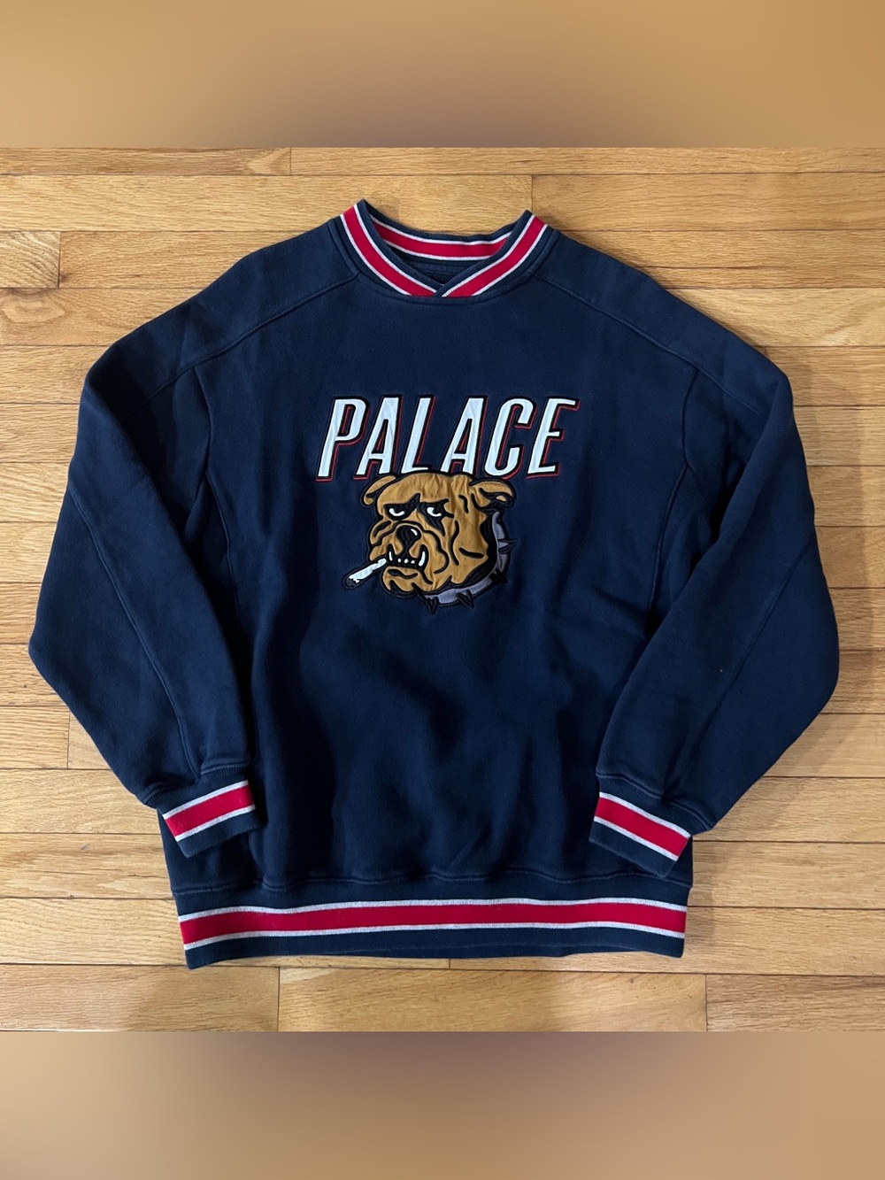 PALACE Navy Bunning Bulldog Logo Crewneck Sweatshirt Red & White Trim